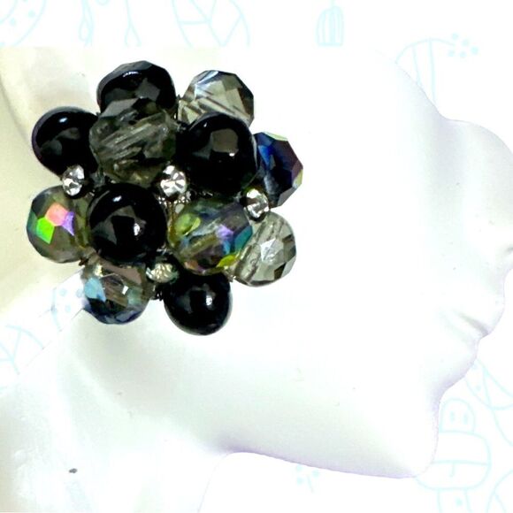 Large Vintage AB black crystal rhinestone cluster clip earrings by Vogue - Picture 1 of 15
